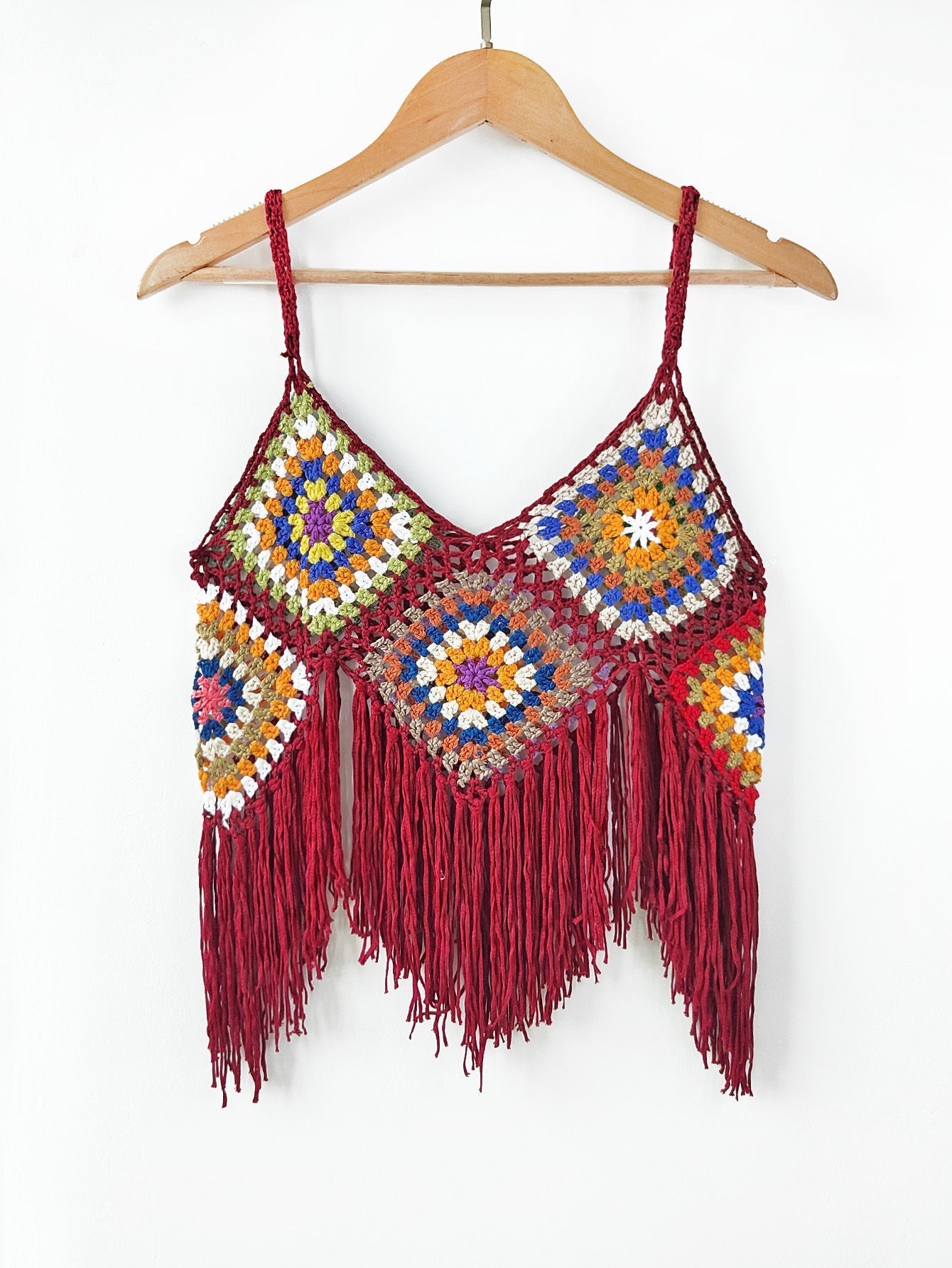 Women Clothing Women Top Pure Hand Crocheting Random Mixed Color Stitching Camisole Tassel Shirt Crochet Bella Mia