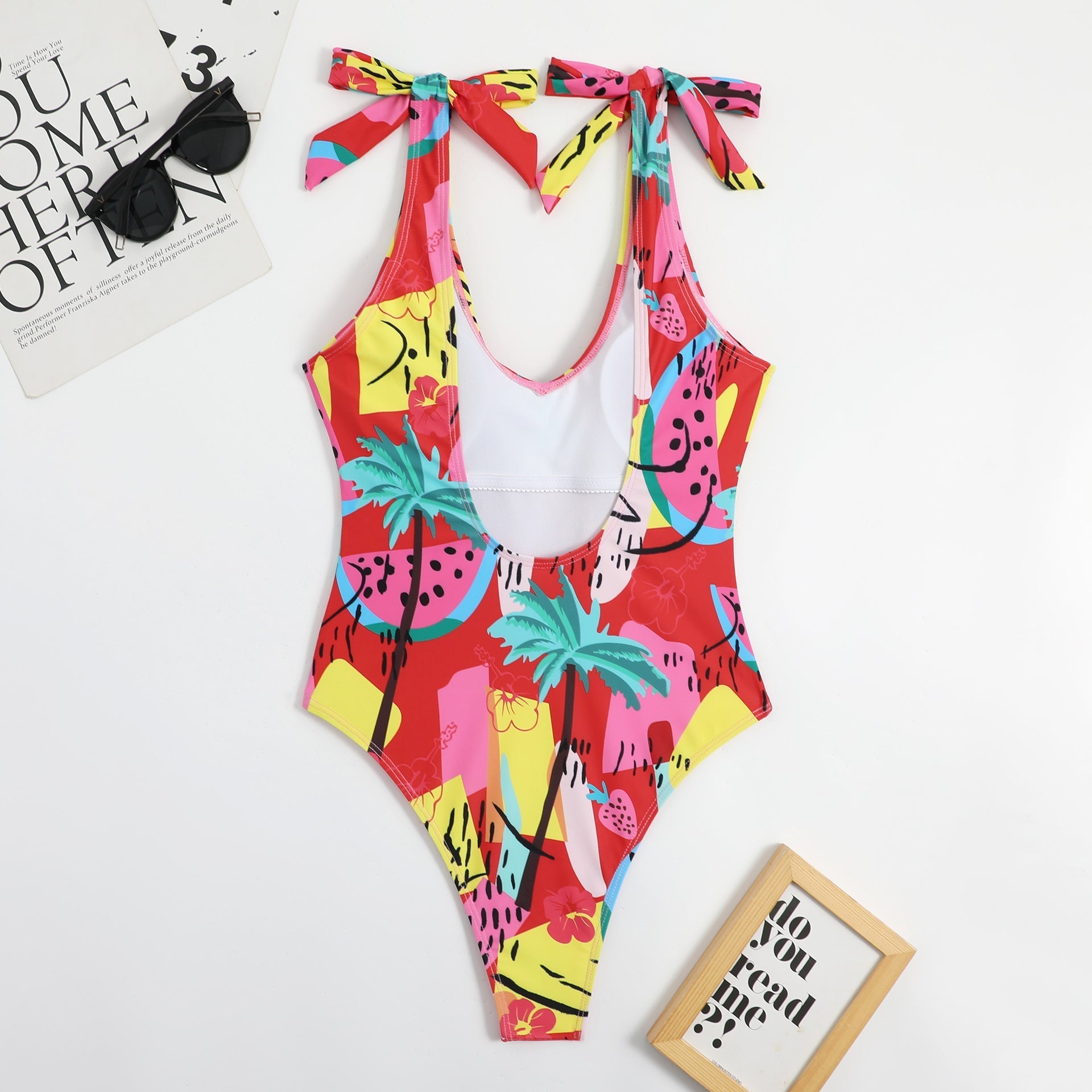 Multi Color Printed Heart Collar Bow Ladies Triangle One Piece Beauty Back Sexy Swimsuit Bikini Bella Mia