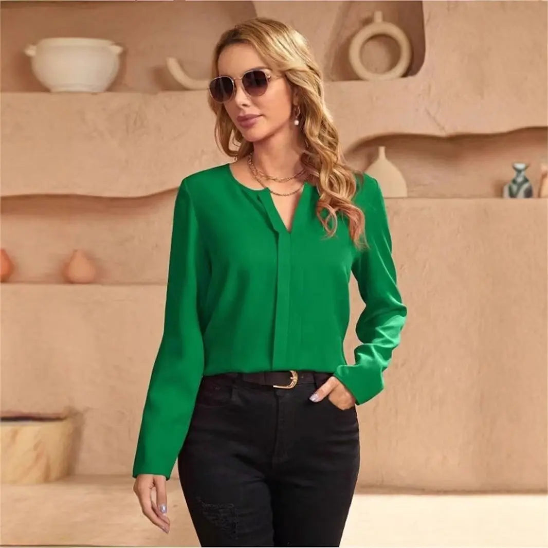 Elegant Satin Blouse For Women Spring Fall Loose Fit V Neck Long Sleeve Bella Mia