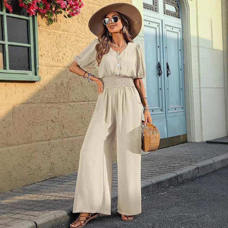 Women Wear Elegant Short Sleeve Collared Waist Tight Jumpsuit Wide Leg Loose Jumpsuit Bella Mia