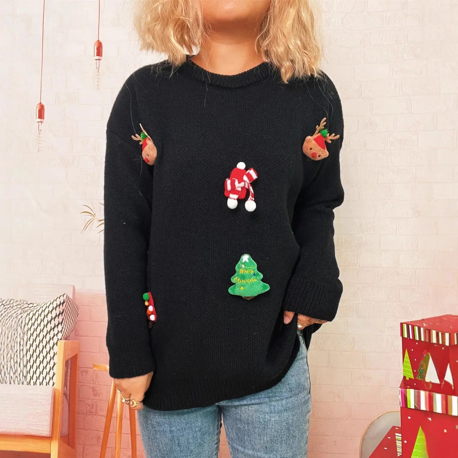 Autumn Winter Christmas Patchwork Three Dimensional Pattern Knitted Top Crew Neck Casual Year Women Sweater Bella Mia