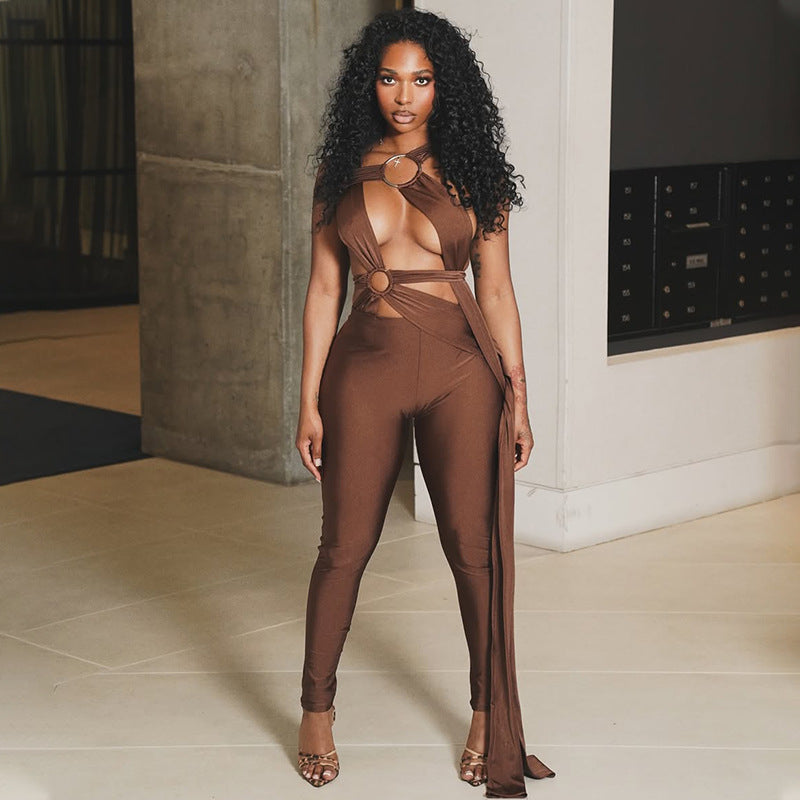 Sexy Women Streetwear Lace up Cutout Metal Ring Jumpsuit Solid Color Skinny Pants Long Jumpsuit Bella Mia