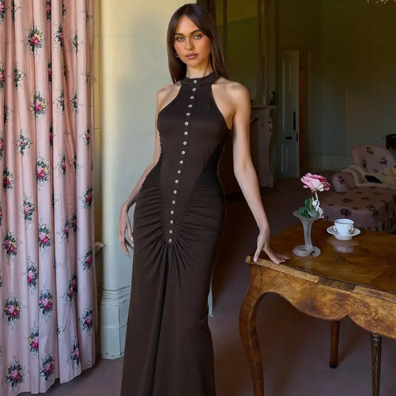 French Women Halter Neck Maxi Dress Bodycon Sleeveless With Ruched Buttons Bella Mia