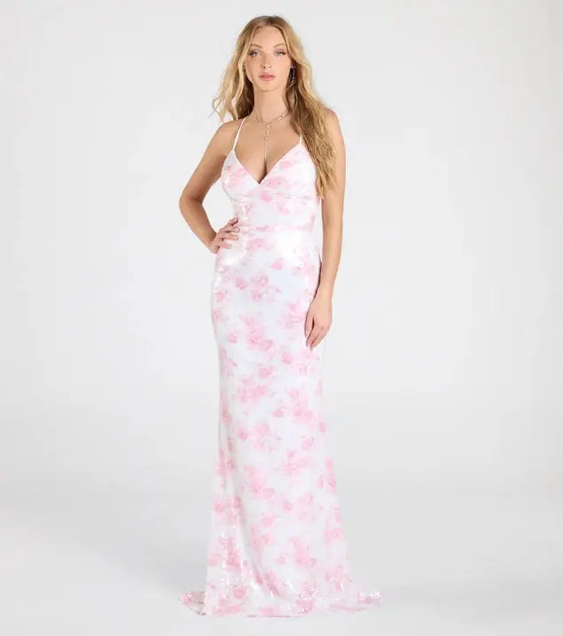 Floral Pink Sequin Backless Maxi Dress Women Party V Neck Sleeveless Bella Mia