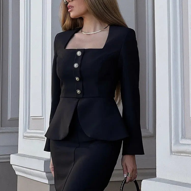 Women Square Collar Long Sleeve Cardigan Top Package Hip Skirt Two Piece Set Bella Mia