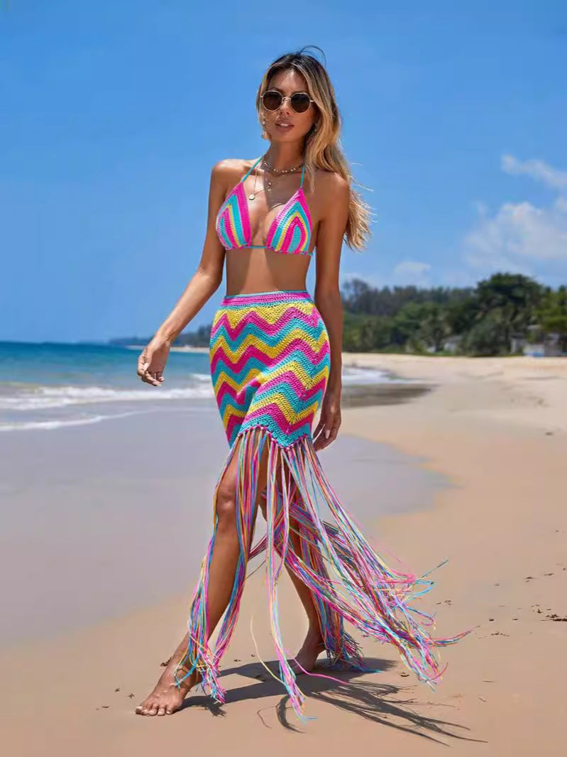 Women Clothing Sexy Hand Crocheted Wavy Tassel Beach Cover Up Skirt Set Bella Mia