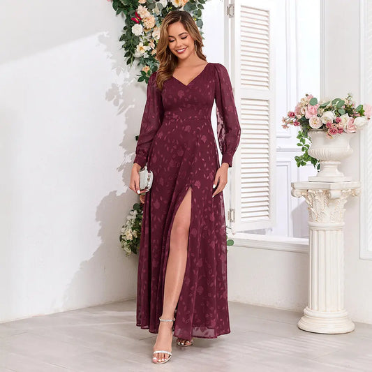 Autumn Quality Long Sleeve Double V neck High Slit Lace Dress Fully Lined Party Back Skirt with Zipper Bella Mia