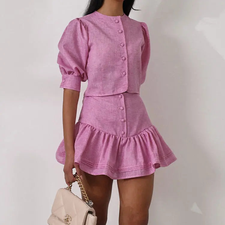 Casual Skirt Outfit Puff Sleeve Short Top Stitching A line Skirt Two Piece Set Bella Mia