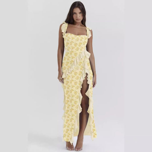 Summer French Strap Wooden Ear Sexy Split Printing Dress Bella Mia