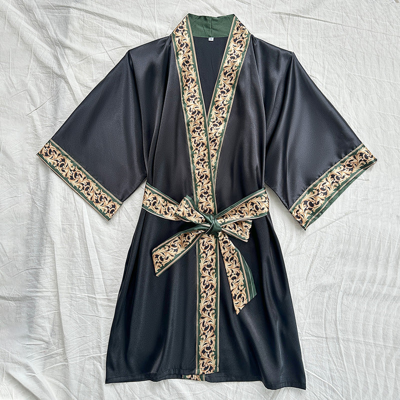 Ice Silk Nightdress Four Seasons Simplicity Homewear Sexy Mid Length to Long Cardigan Nightgown Bathrobe Women Chinese Nightgown Bella Mia