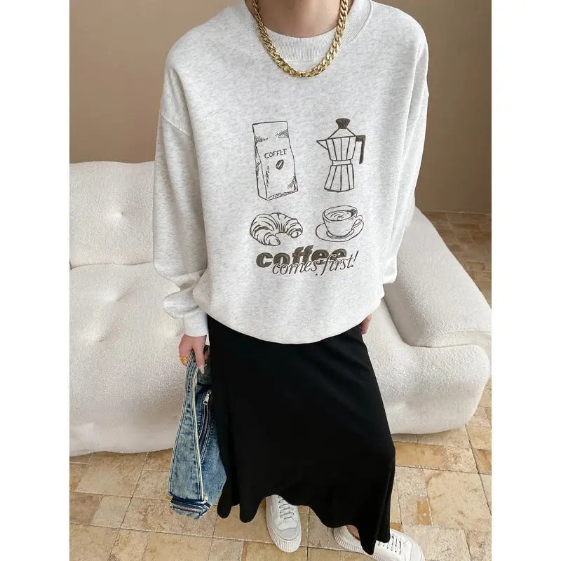 Atmosphere Fun Coffee Bread Printing round Neck Loose Pullover Sweater Bella Mia
