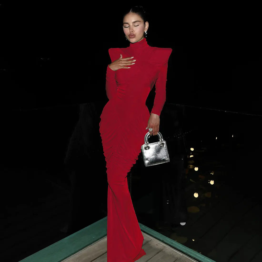 Fall Women Solid Color Backless Turtleneck Pleated Slim Fit Maxi Dress For Party Bella Mia