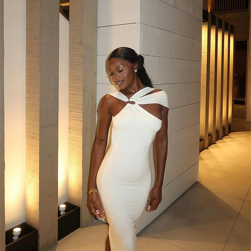 Women Clothing Metal Buckle Halter Sleeveless Elegant Slit Hollow Out Cutout Backless Irregular Asymmetric Dress Bella Mia