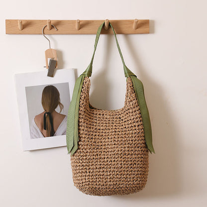 Ribbon Shoulder Straw Bag Large Capacity Solid Color Woven Bag Seaside Vacation Beach Bag Straw Bag