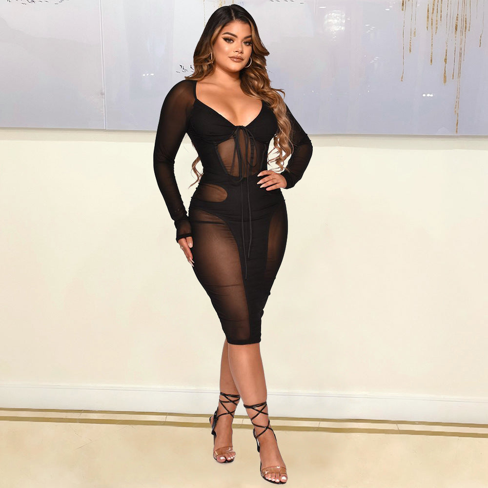 Women Clothing Sexy Mesh Stitching See through Tied Dress Women Bella Mia