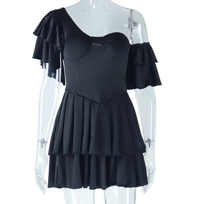 Solid Color Pleated Ruffle Sleeve Dress Irregular Asymmetric Diagonal Collar Tiered Dress Pullover Street Hipster Dress for Women