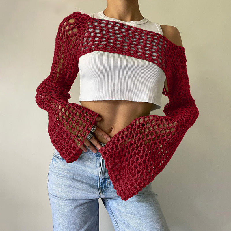 Sexy Hollow Out Cutout Sweater Solid Color round Neck Long Sleeve Knitted Blouse Crochet hook Bella Mia