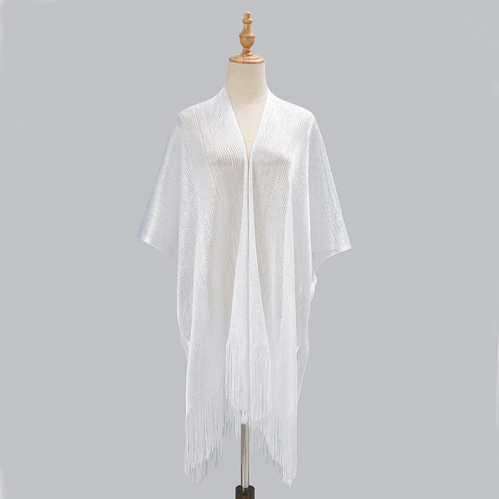 Beach Solid Color Sun Proof Tassel Knitting Beach Cover Up Sweater Shawl Cardigan Bella Mia