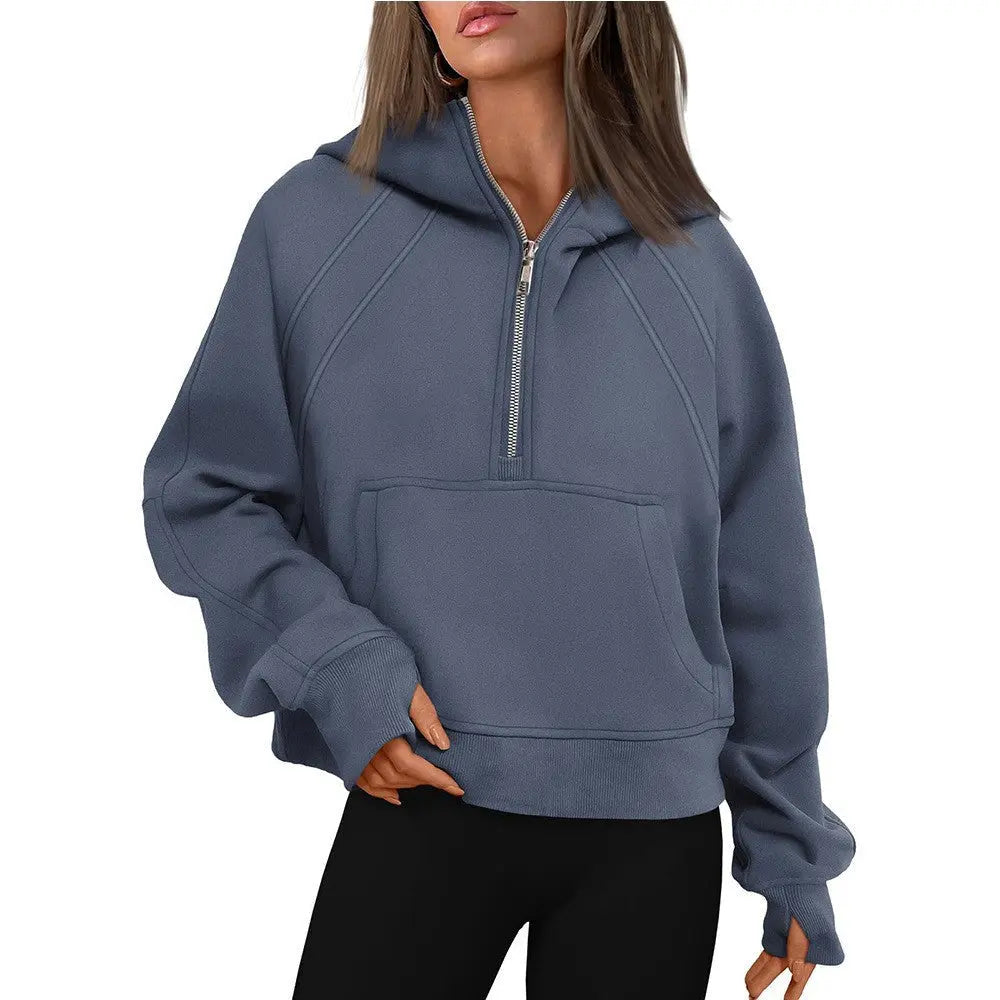 Half Zipper Pullover Hooded Sweatshirt Fleece Short Chic Scuba Sweater for Women Bella Mia