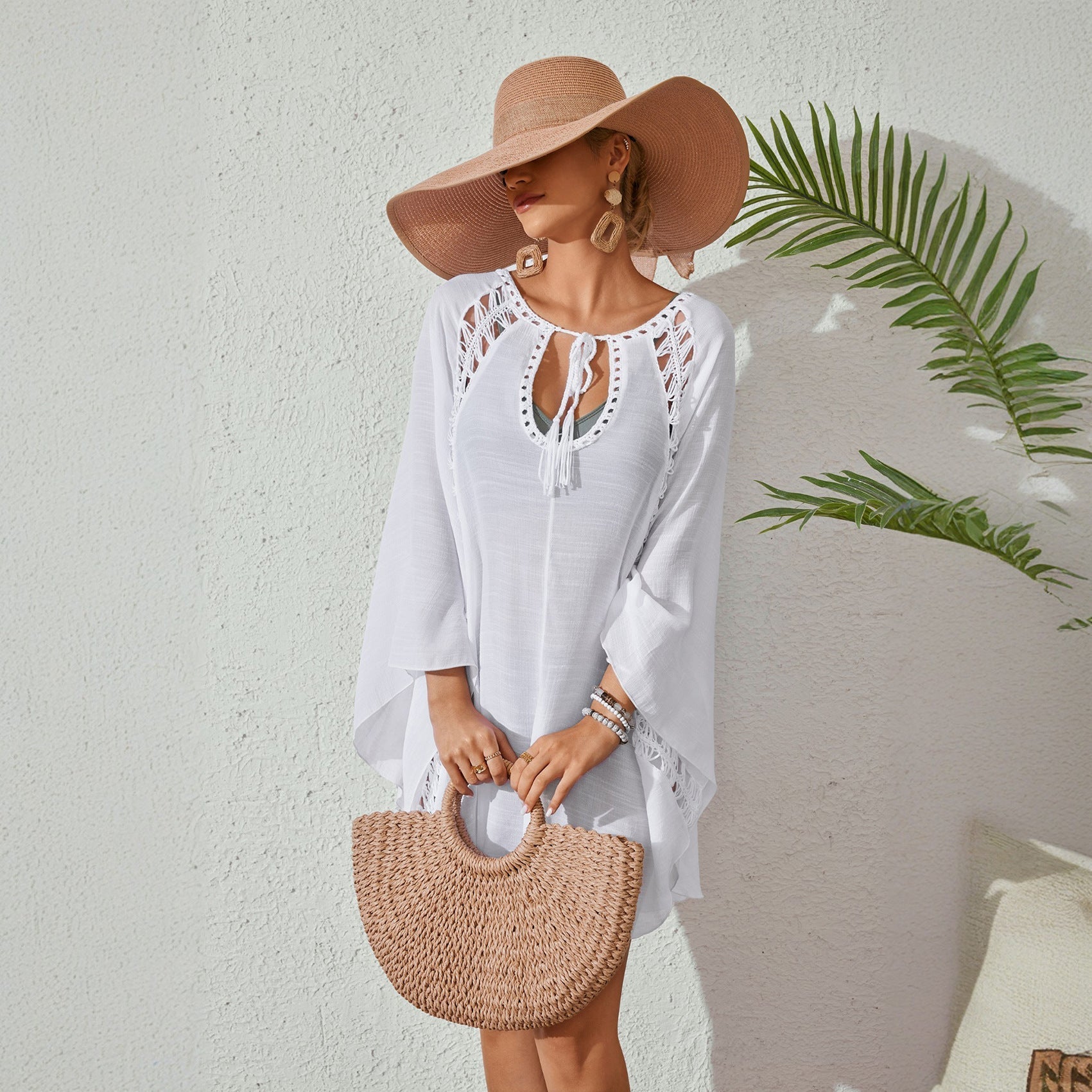 Women Bow Tie Pullover Bikini Swimsuit Blouse Solid Color Loose Sun Proof Clothes Bella Mia