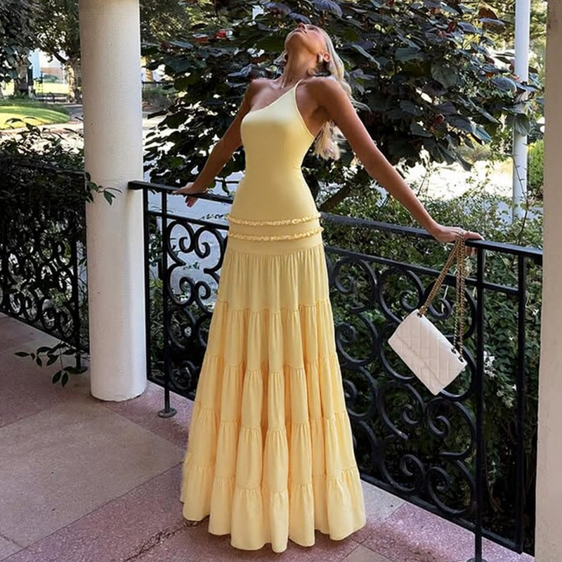 Sexy Hollow Out Cutout out Backless Stitching Tied One Shoulder Pleated Multi Layer Maxi Dress Women Bella Mia