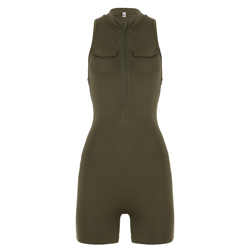 Street Sports Jumpsuit Shorts Stand Collar Zipper Tooling Peach Hip Yoga Fitness One Piece Women Bella Mia