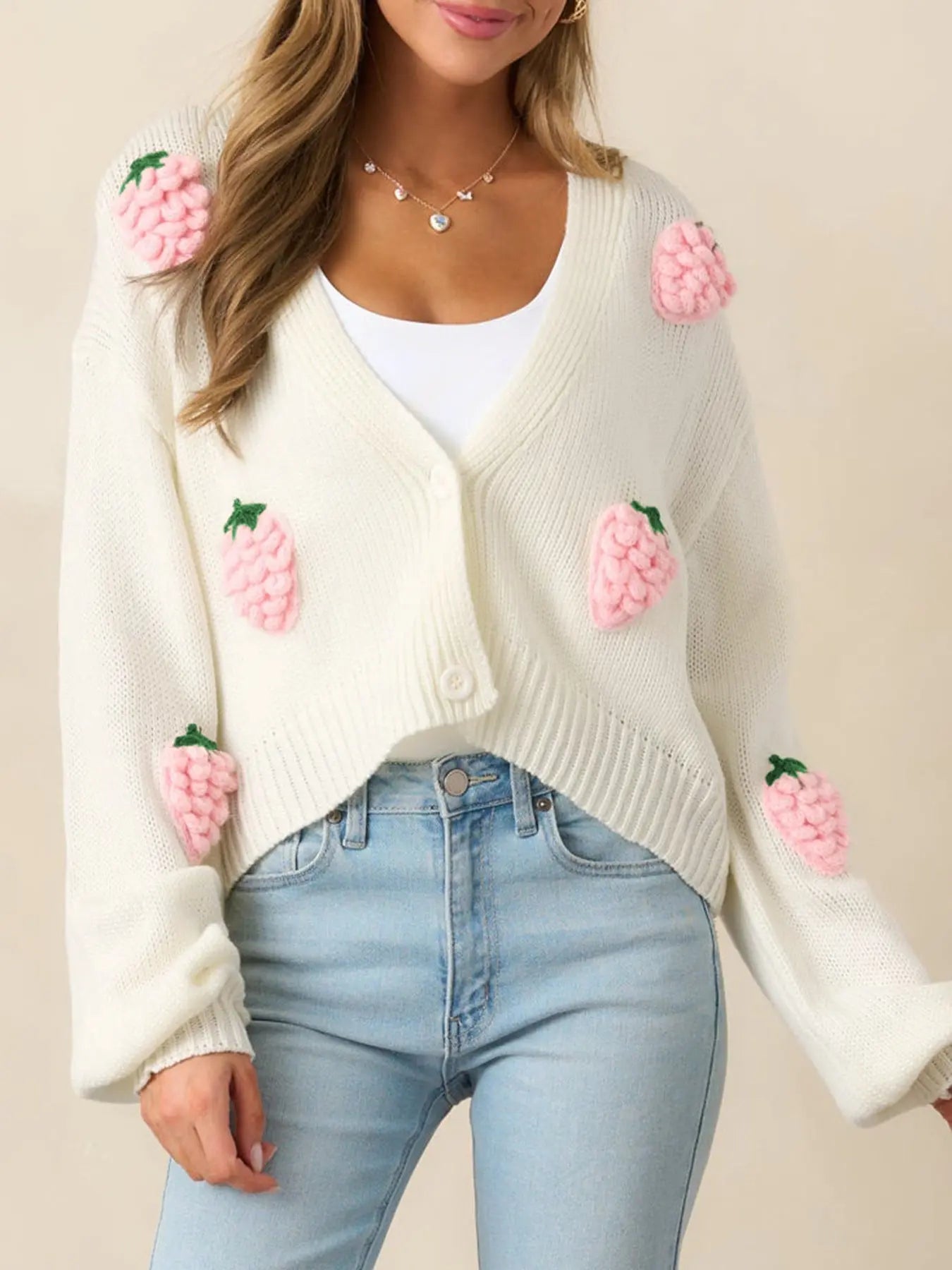 3D Strawberry Pattern Women Elegant Sweater Cardigan Autumn Winter Button Long Sleeve Sweater Bella Mia
