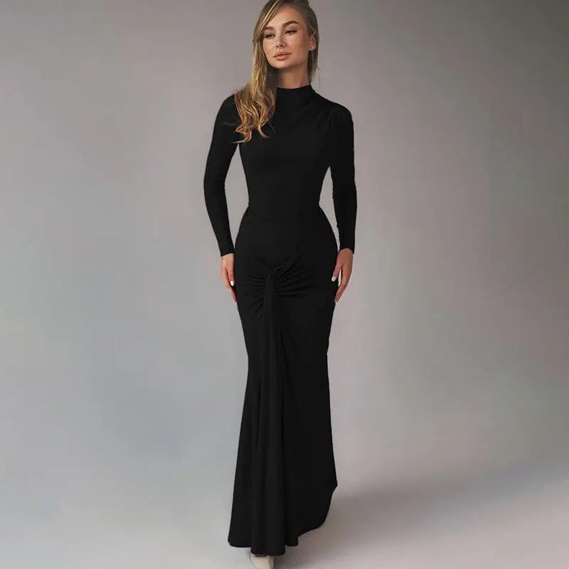 Women Lace Up Maxi Dress Waist Cinching Ruched Solid Color Long Sleeve Crew Neck Bella Mia