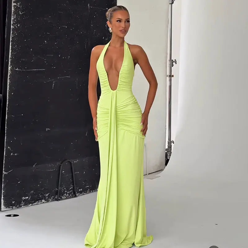 Spring Summer Women Elegant Sexy Deep V Plunge neck Halter Slim Pleated Dress Women Bella Mia