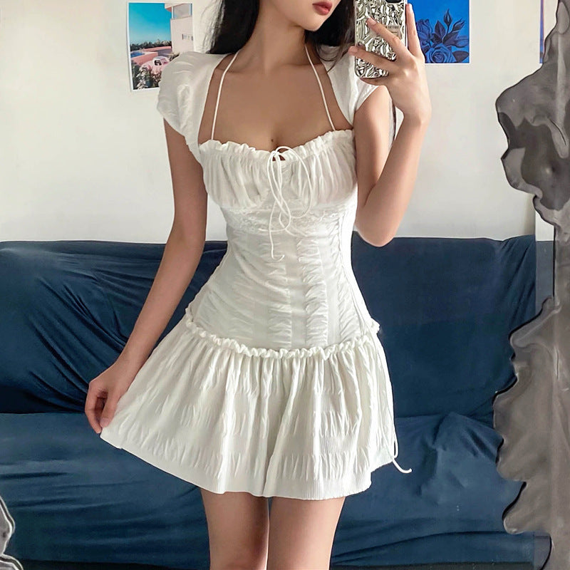 Summer Sexy French Low Cut Square Collar Halter Lace Up Design Short Sleeve Pleated Dress Women Bella Mia