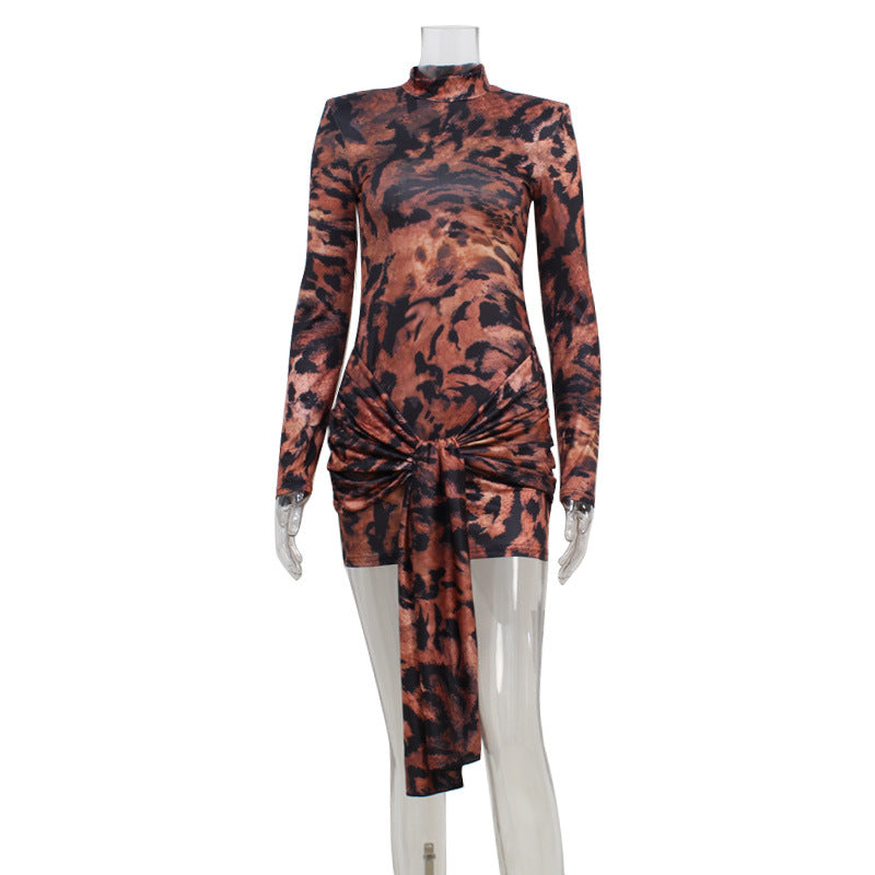 Summer Item Crew Neck Long Sleeve Tiger Stripe Pattern Lace up Waist Controlled Slimming Dress