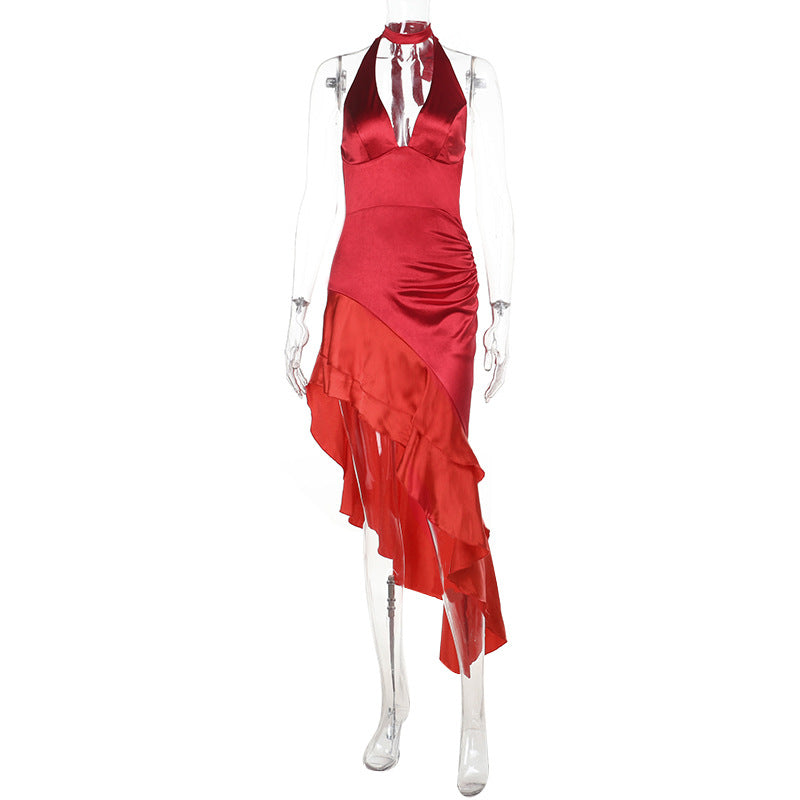 Solid Color Satin V neck Flounce Decorative Waist Hem Halter Dress Bella Mia