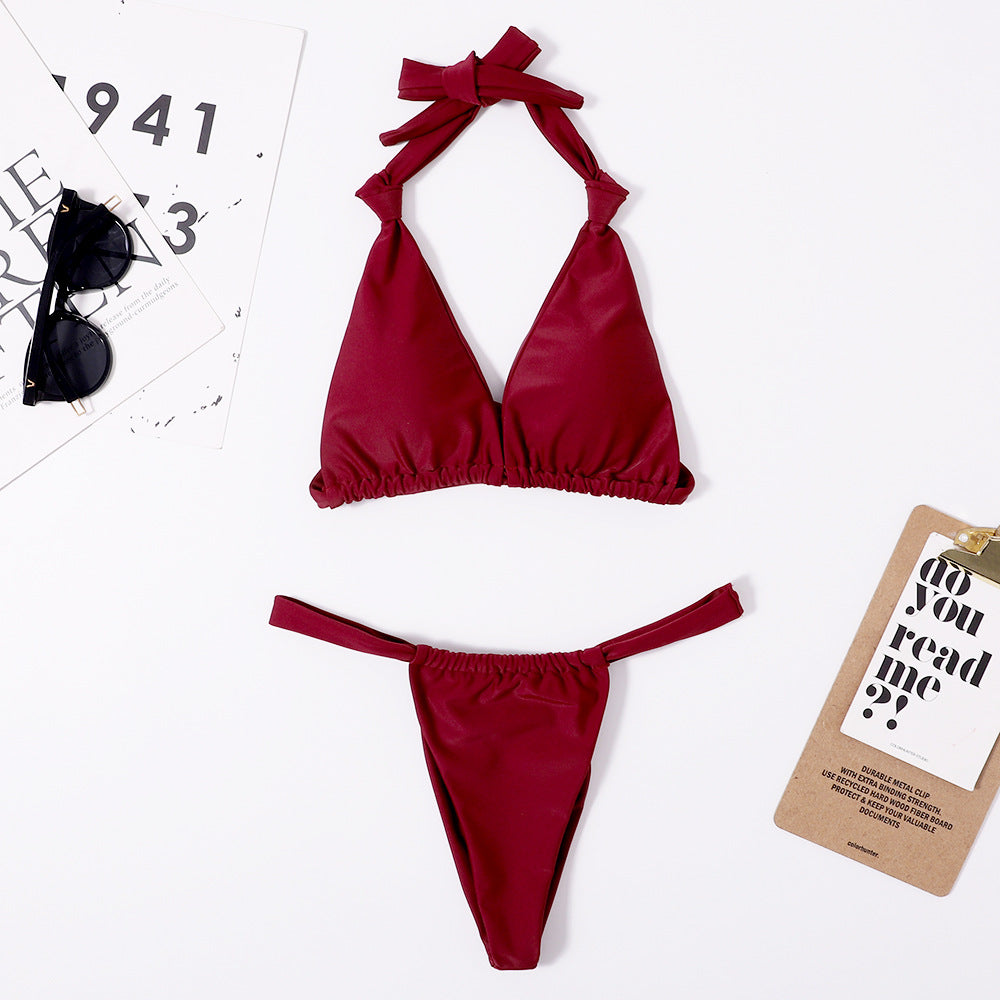 Nylon Double Sided Women Split Solid Color Sexy Bikini Halter Lace Up Triangle Bikini Swimsuit Bella Mia