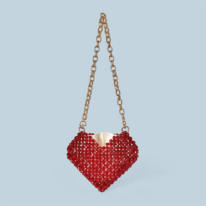 Red Love Heart Beaded Bag Hand Woven Bag Red Beads Bag Crossbody Shoulder Bag Finished Bag