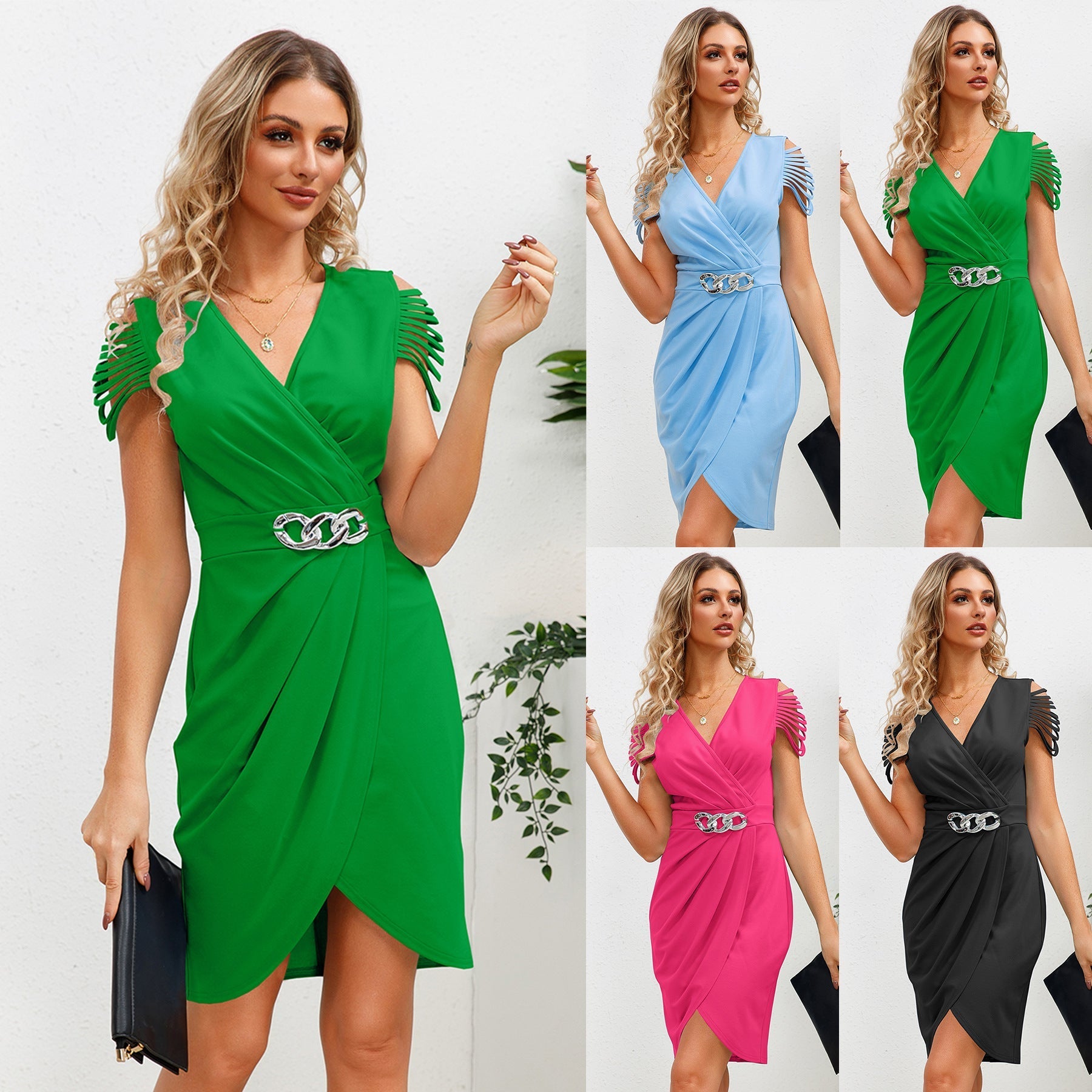 Summer V-neck Pleated Waist Tight V neck Short Sleeve Dress Sexy Elegant Show Dress Women Clothes Bella Mia