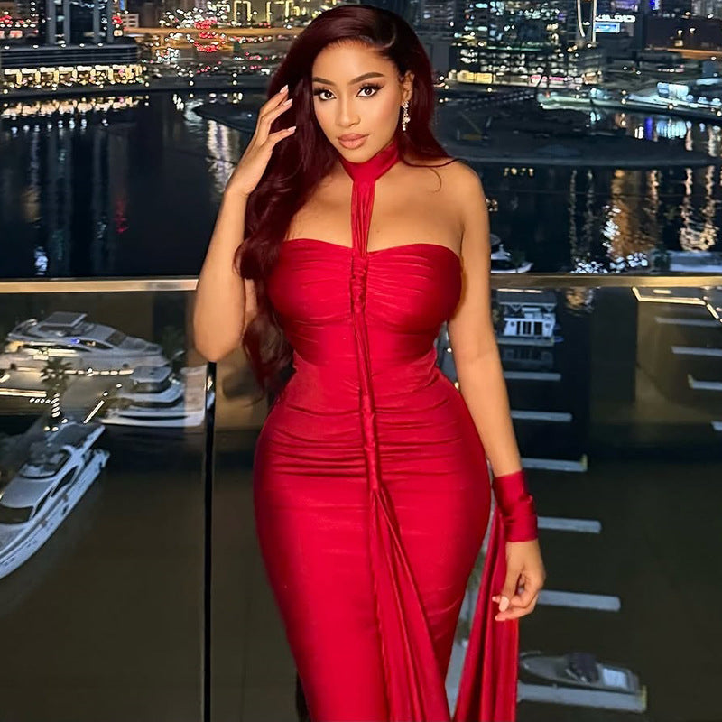 Solid Color Elegant Women Backless Lace up Tube Top Hip Pleated off Neck Dress Cocktail Dress