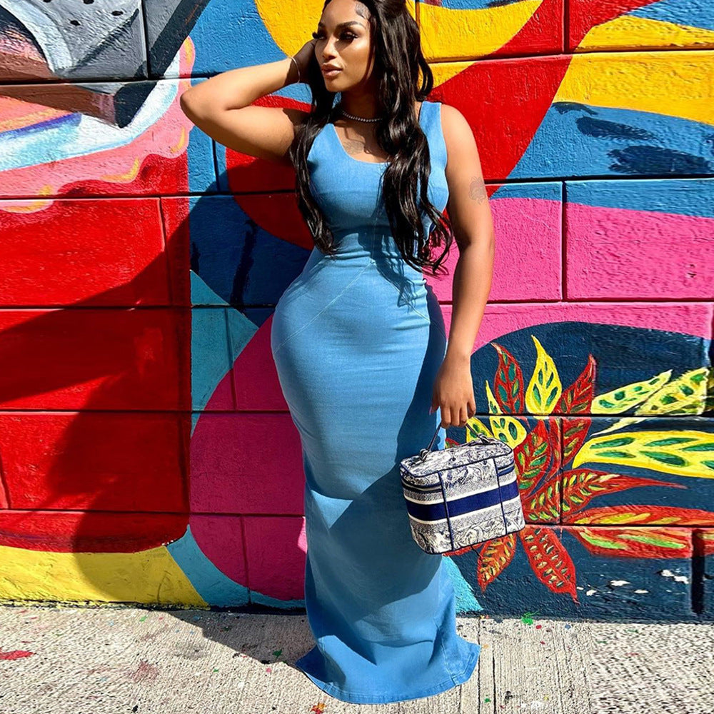 Denim Women Wear Spring Summer Sexy Backless Zipper High Elastic Split Dress for Women Bella Mia