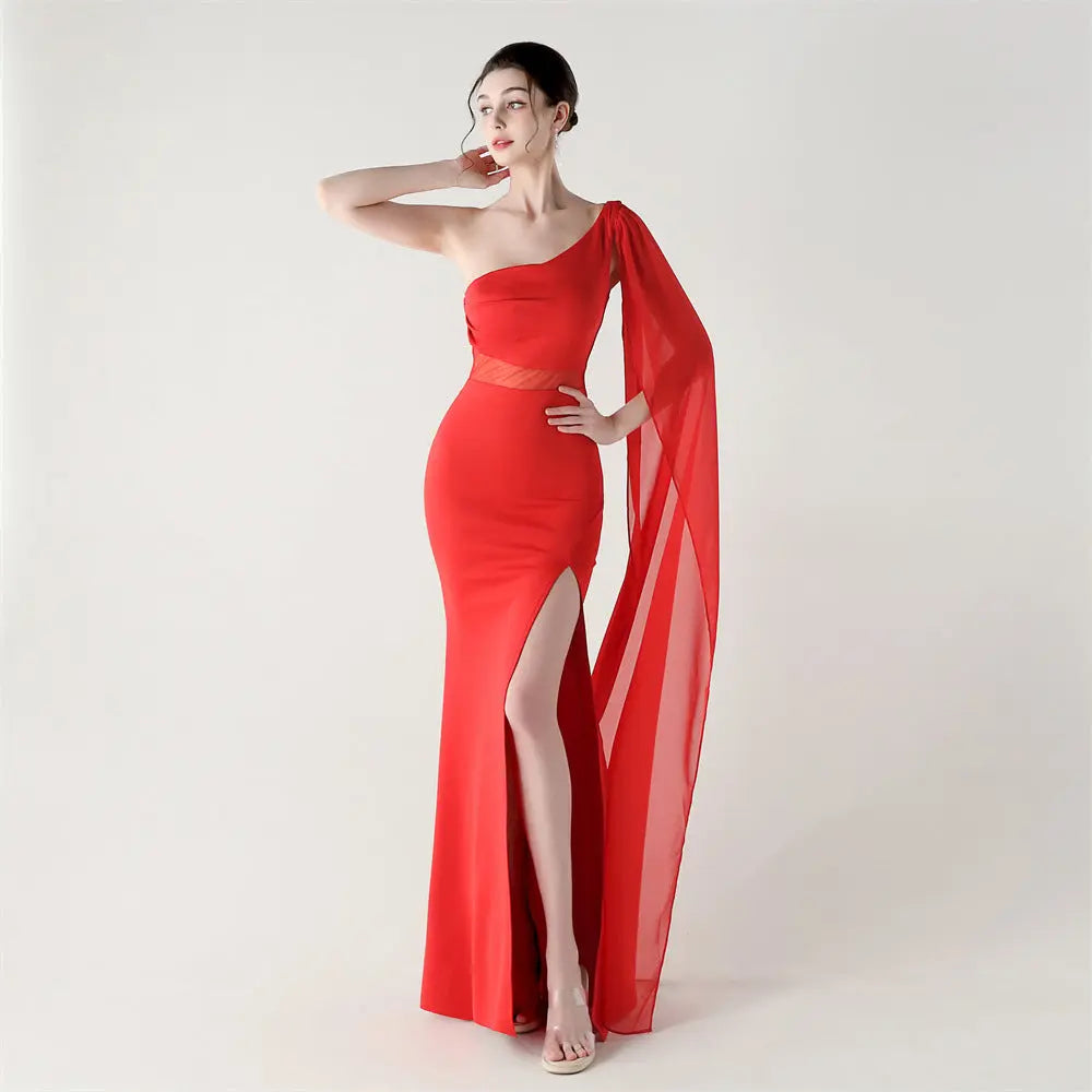One Shoulder Satin Maxi Dress With Mesh Stitching Ruched Details Bella Mia