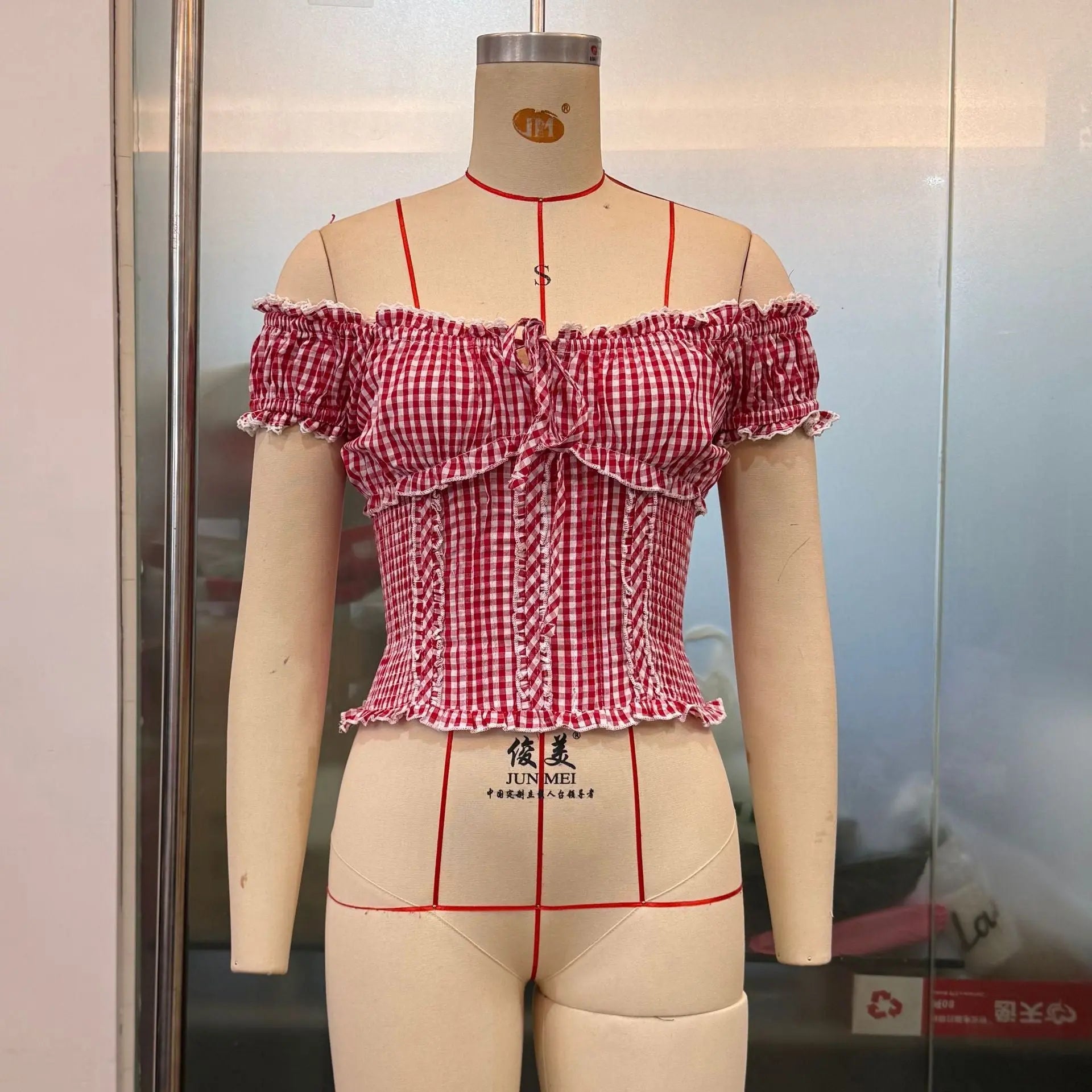 Summer Women Gingham Puff Sleeve Top With Ruffle Trim Bella Mia