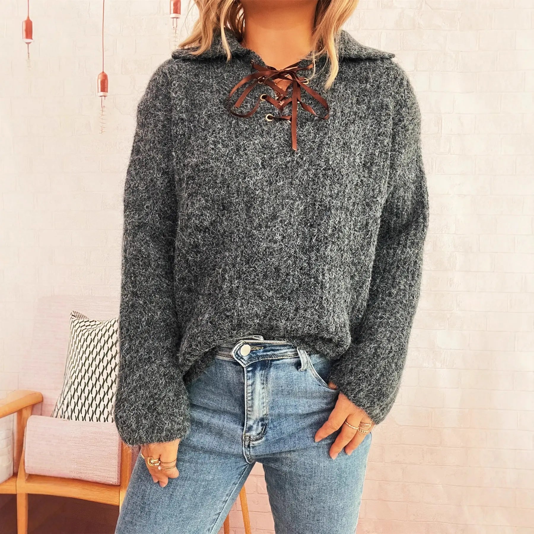 Autumn Winter Simple Office Collared Tied Knitted Pullover Solid Color Loose Sweater Bella Mia