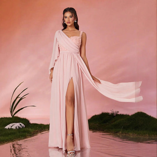 One Shoulder Maxi Dress With Slit And Embroidery For Formal Events Bella Mia