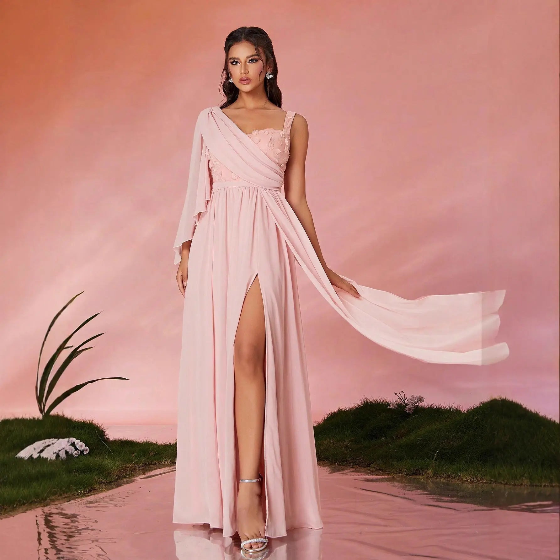 One Shoulder Maxi Dress With Slit And Embroidery For Formal Events Bella Mia