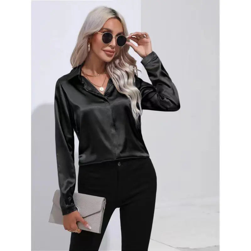 One Button Satin Shirt Office Long Sleeve Shirt Spring Summer Loose Top Women Clothing Bella Mia