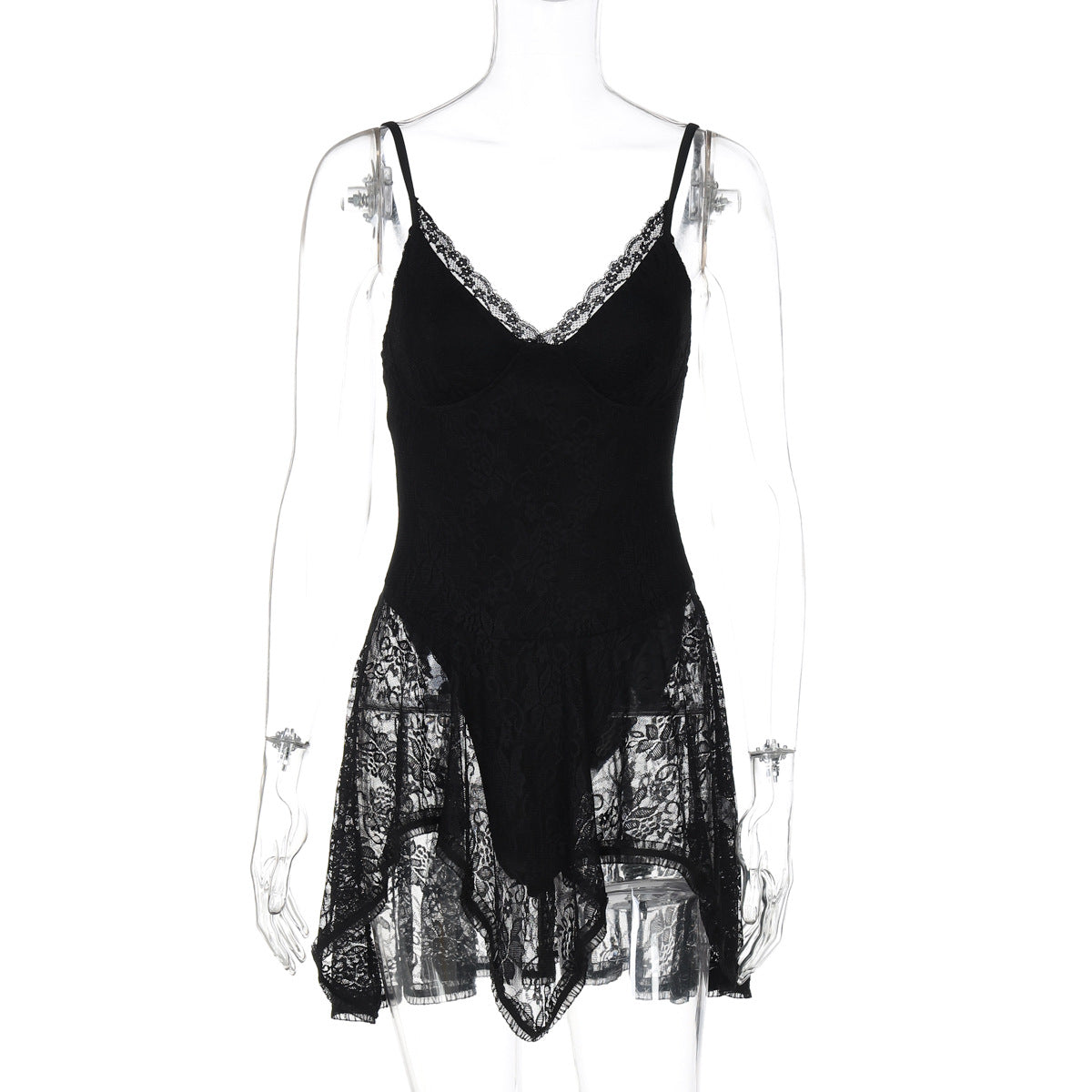 Summer Sexy Sexy Jumpsuit Stitching Lace Skirt V neck Brace Dress Women