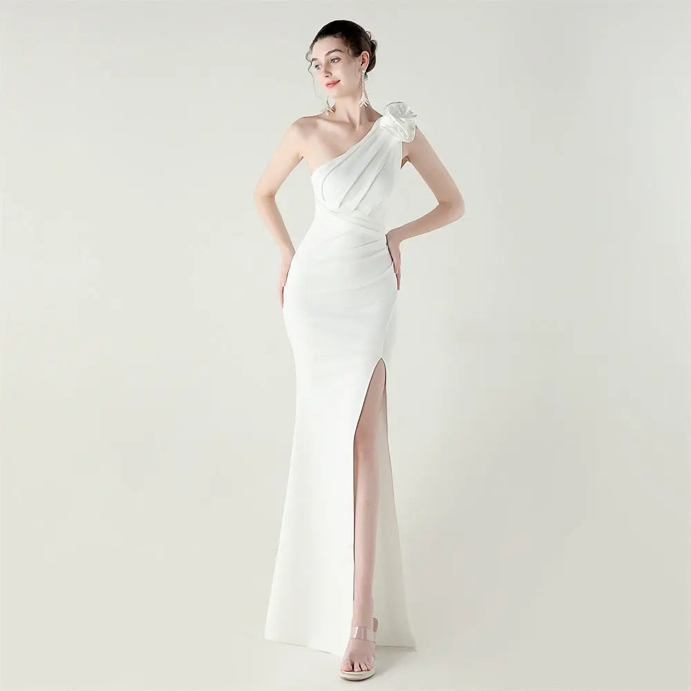 One Shoulder Three Dimensional Floral Satin Folding High Slit Sexy Evening Dress Dinner Wedding Social Bella Mia