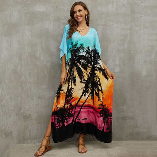 Rayon Positioning Printing Beach Cover Up V Neck Robe Vacation Skirt Bikini Cover Bella Mia