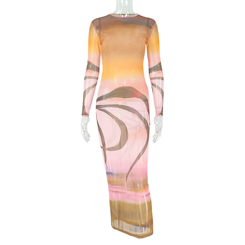 Slim Women Clothing Stitching Printing Hip Retro Turtleneck Long Sleeve Slightly Transparent Length Dress Bella Mia