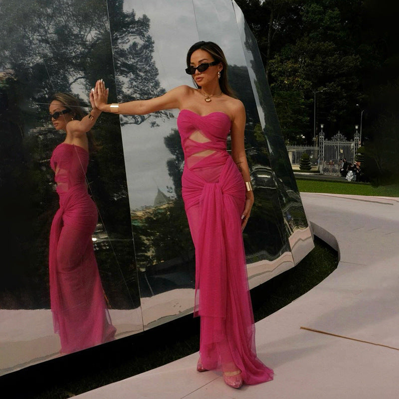 Spring Women Clothing Sexy Tube Top off Neck See through Tied Slim Fit Dress for Women Bella Mia