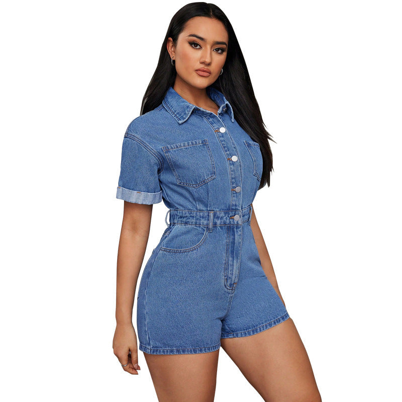 Women Clothing Denim Collared Short Sleeve Waist Controlled Romper Bella Mia