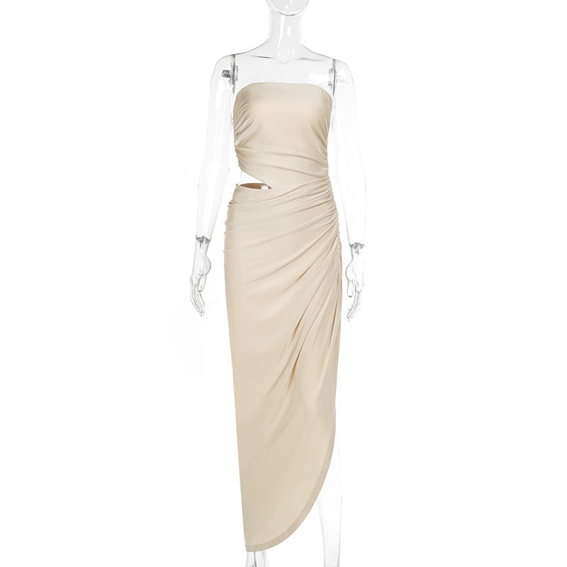 Spring Maxi Dress Elegant Slim Tube Top Hollow Out Cutout Pleated Dress Bella Mia